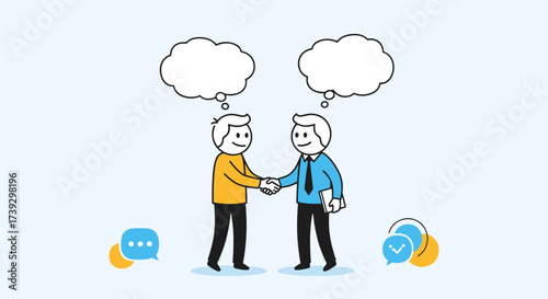 Two cartoon people shaking hands with thought bubbles above their heads.