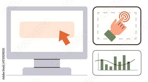 Computer screen with cursor, hand tapping on touchscreen, bar and line graph highlighting user interaction, progress tracking, and data analysis. Ideal for technology, analytics, and UX themes