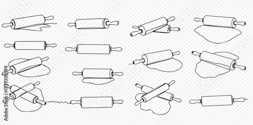 Hand-drawn line art set of rolling pins with and without dough, illustrating baking tools and kitchen utensils.