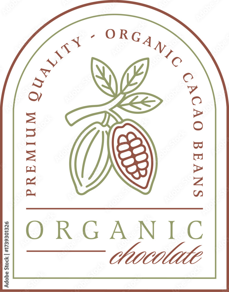 Fototapeta premium Organic chocolate natural cacao beans premium quality logo badge label sticker for eco friendly packaging. Plant branch leaf illustration retro minimal fancy boho green aesthetic text design clipart.