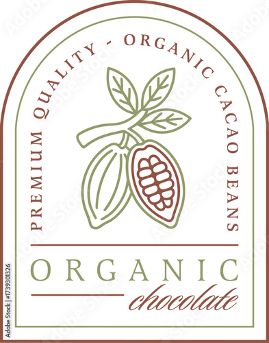 Organic chocolate natural cacao beans premium quality logo badge label sticker for eco friendly packaging. Plant branch leaf illustration retro minimal fancy boho green aesthetic text design clipart.