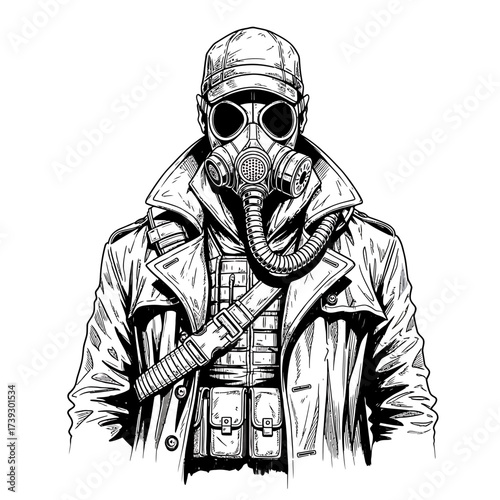 Post-Apocalyptic Soldier Illustration – Man in Gas Mask and Trench Coat with Tactical Gear

