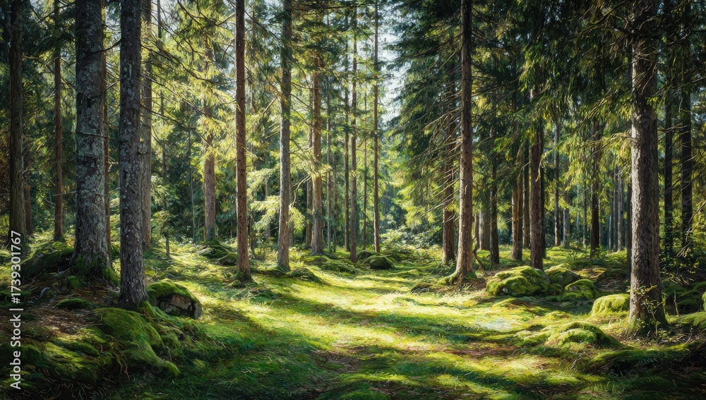 Fototapeta premium Sunlight streams through a lush, green forest with tall trees and a path