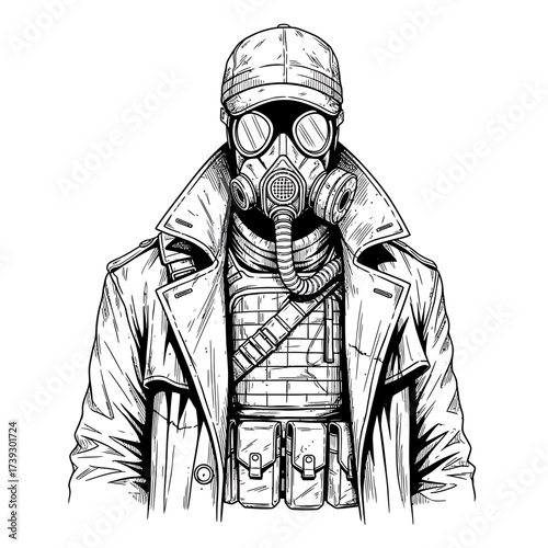 Post-Apocalyptic Soldier Illustration – Man in Gas Mask and Trench Coat with Tactical Gear

