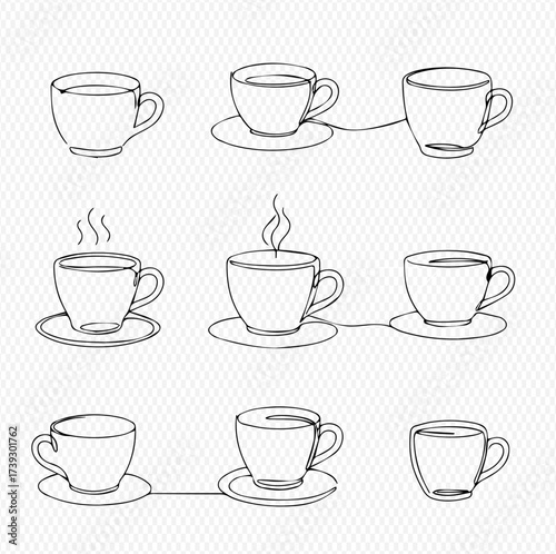 A collection of nine continuous line art drawings of various coffee and tea cups, some with steam, on a subtle grid background.