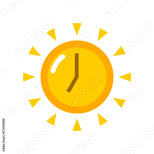 Yellow sun with clock morning icon flat vector design