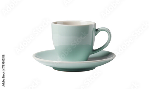 Simple Mint Green Ceramic Coffee Cup and Saucer on White Background