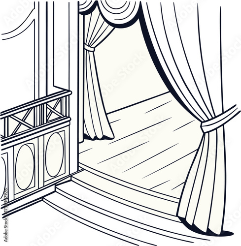 Minimalist line art scene with theater stage balcony curtains and wooden floor showing an empty performance space ready for show vector
