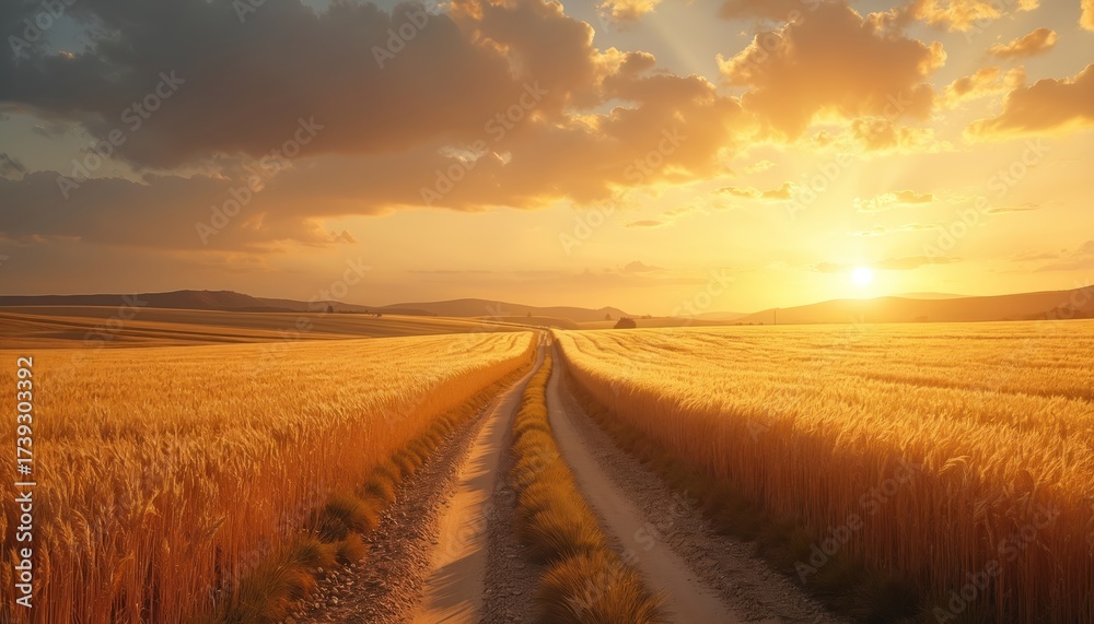 Fototapeta premium Golden wheat field path leads towards setting sun horizon with warm sky clouds. Rural country landscape stretches far away. Beautiful tranquil summer evening nature.