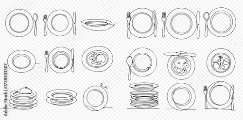 Continuous line art drawings of various plates, bowls, and cutlery, including empty settings, stacked dishes, and plates with food.