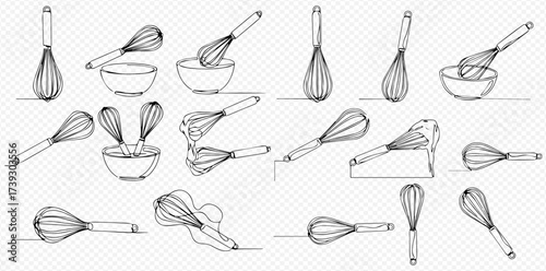 A collection of hand-drawn kitchen whisks in various positions, some with mixing bowls, rendered in a sketch art style.