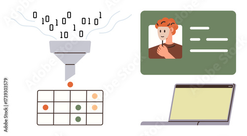 Binary data streaming into a funnel transforming into a table, user profile on a screen, and a laptop. Ideal for data analysis, technology, communication, workflow, machine learning, AI