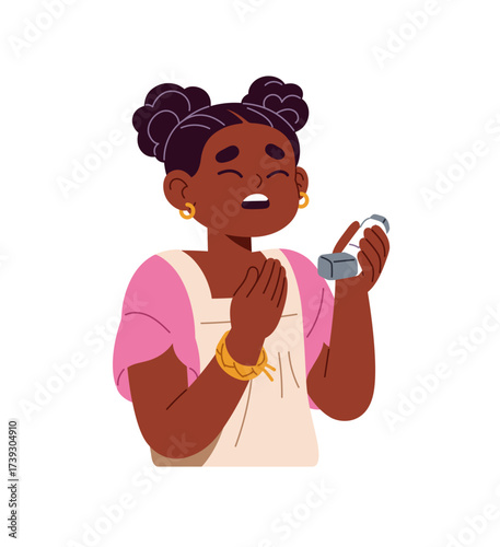 Sick little girl suffers from asthma, coughs. Ill black child holds inhaler for breathing. Sad kid with asthmatic attack feels unwell, bad. Flat isolated vector illustration on white background
