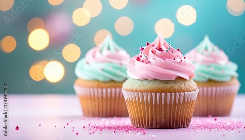 Pink and mint cupcakes on pink surface