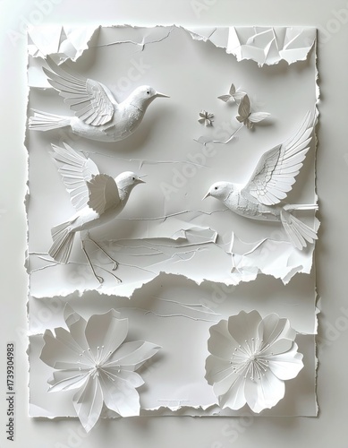 White paper art birds & flowers