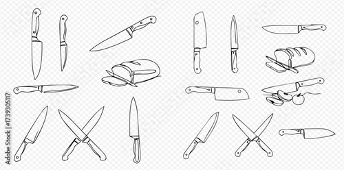 Hand-drawn collection of kitchen knives, including chef's knives, cleavers, and utility knives, some shown cutting bread and vegetables.