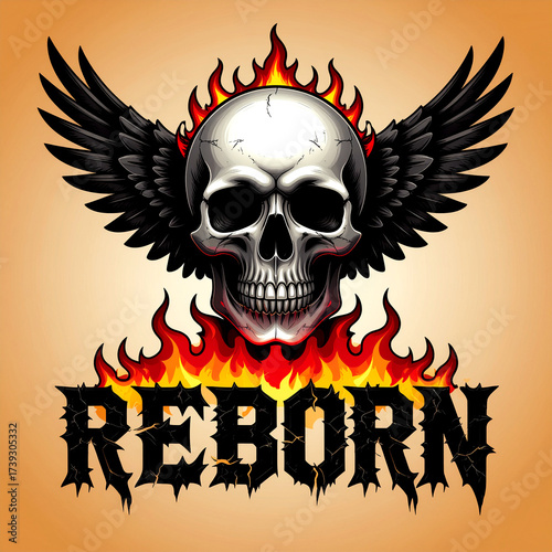 Reborn Gothic Skull with Wings and Flames, Tattoo Style Dark Art Illustration for T-Shirt, Hoodie, Biker Apparel, Gothic Merch and Print Design