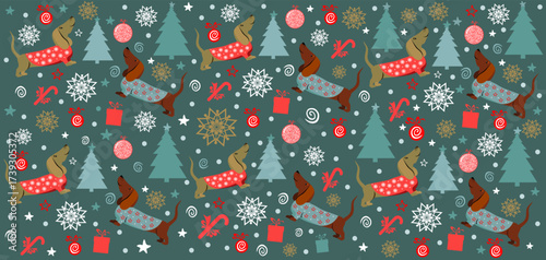 Cute dachshund  dog in winter costume seamless pattern. Christmas holidays background. Good for textile fabric design, wrapping paper, website wallpapers, textile, wallpaper and apparel. Vector 