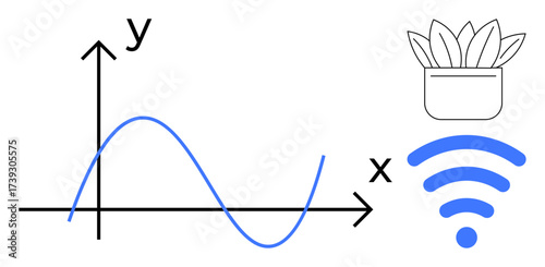 Growth curve on coordinate system, wireless signal icon, potted plant. Ideal for data, connectivity, technology, environment, growth innovation education themes. Simple flat metaphor