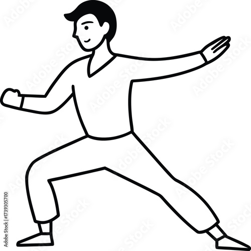 A man in a traditional martial arts stance performing a dynamic movement with focus and balance on white background 