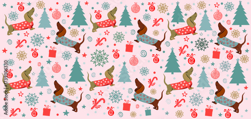 Cute dachshund  dog in winter costume seamless pattern. Christmas holidays background. Good for textile fabric design, wrapping paper, website wallpapers, textile, wallpaper and apparel. Vector