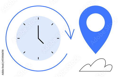 Circular clock with arrow, blue geolocation pin, and cloud. Ideal for time management, navigation, cloud computing, scheduling, logistics data storage global accessibility. Simple flat metaphor