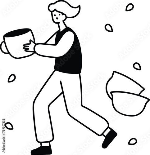 A person in casual clothing carries a large coffee cup while running with bowls and seeds scattered around on white background 