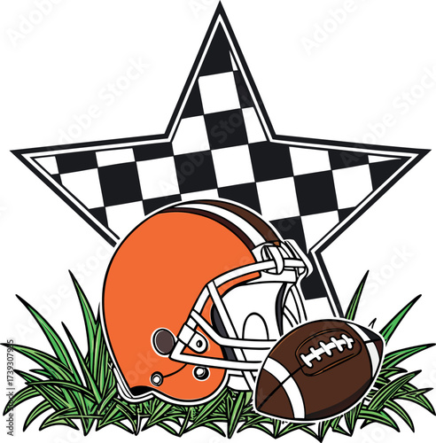 American football helmet and ball with checkered star and green grass field celebration and sport concept vector