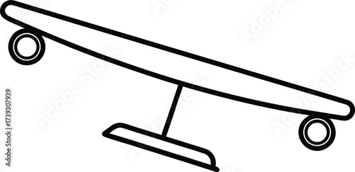 Simple black and white line drawing of a skateboard with wheels and a truck on white background 