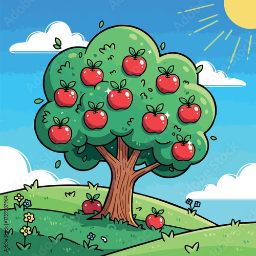Cartoon apple tree with red apples on a grassy hill illustration.