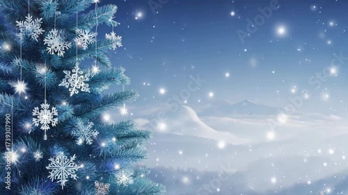 Blue Christmas tree with shimmering snowflake ornaments gently swaying on its branches, snowy twilight background 