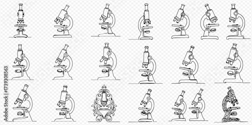 Continuous line art drawings of various scientific microscopes in different perspectives on a transparent background.
