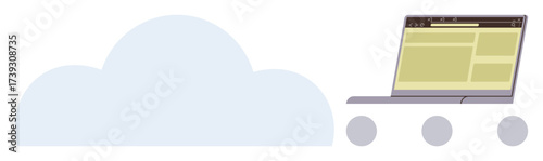 Laptop on wheels beside a large cloud conveying cloud-based solutions. Ideal for technology, mobility, innovation, data storage, modern business, networking, remote access. Simple flat metaphor