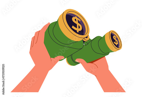 Hands holding binoculars with a dollar sign. Modern flat cartoon illustration isolated on white background