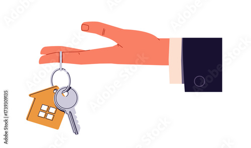 Realtor's hand holds the key with a keychain. Modern flat cartoon illustration isolated on white background