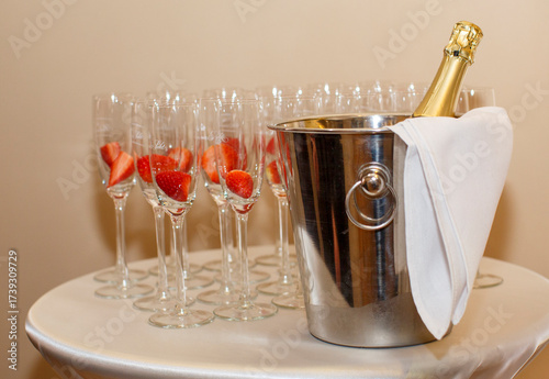 champagne and a bucket on wedding, empty glasses with berries, celebrate date 