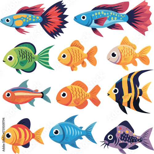 Colorful cartoon set of cute sea fish. Set of freshwater aquarium cartoon fish for print, kids development. Varieties of decorative colored fish, fish flat geometric design. Vector illustration.