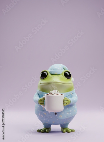 Cozy Froggy Sipping Cocoa A Charming 3D Render of Relaxation and Warmth in a Peaceful Setting. Generative AI