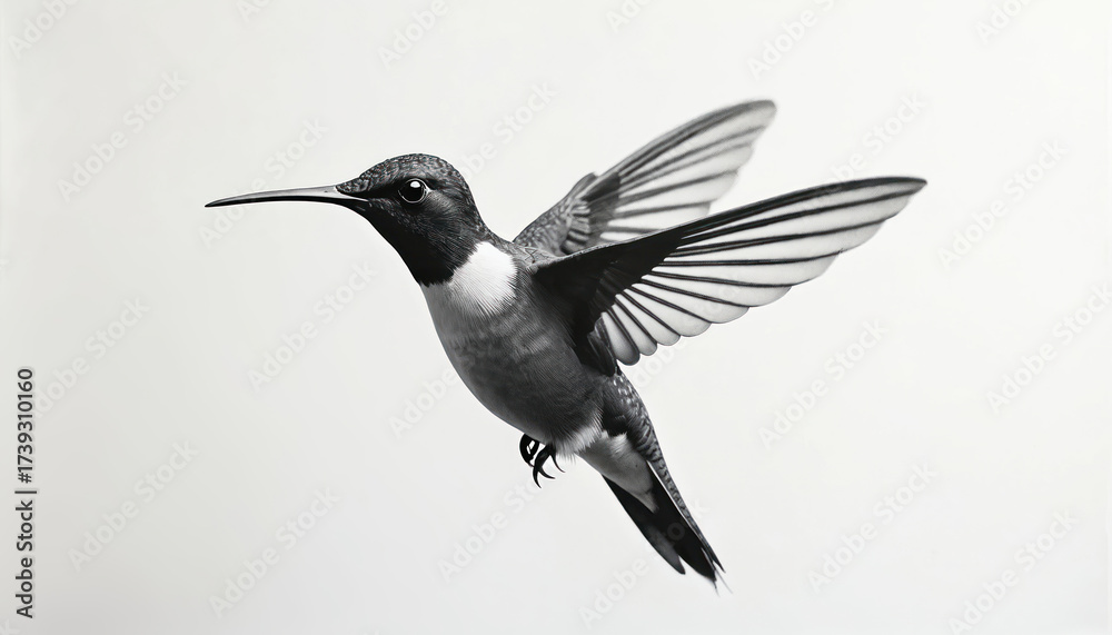 Fototapeta premium Detailed hummingbird in mid-flight on white background, wings spread wide. Small bird delicate features, long beak, captured in grayscale for artistic effect. Tiny talons visible. Graceful avian