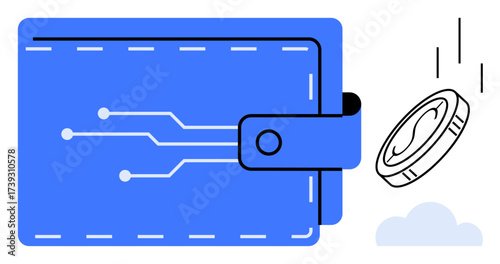 Blue wallet with tech circuit pattern and falling coin, representing digital payments, fintech, online transactions, cryptocurrency, savings, investment, and technology evolution. Simple flat
