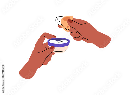 Human hands with crispy fastfood. Person eating chips, holds bowl of sauce and dips piece of cheese into. Fast food meal, chicken nuggets, snack. Flat isolated vector illustration on white background