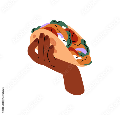 Black human hands with shawarma, pita bread with stuffing. Person holds doner kebab, fastfood. Appetizing eating, snack. Street fast food. Flat isolated vector illustration on white background