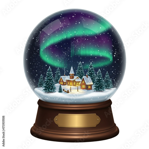 Enchanted Snow Globe with Vibrant Aurora Borealis Over Snowy Village Cottages and Pine Trees Magical Christmas Vector Illustration Isolated on Transparent Background