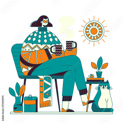 A young woman wearing glasses and a warm, embroidered sweater holds two mugs of hot coffee or tea. A cat sits on the floor nearby.