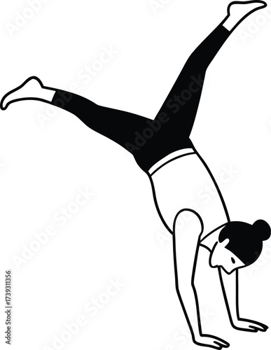 Woman performing a dynamic yoga pose with one leg extended high in the air on white background 