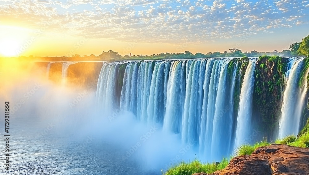 Fototapeta premium Cascading falls with mist bathed in bright sunrise