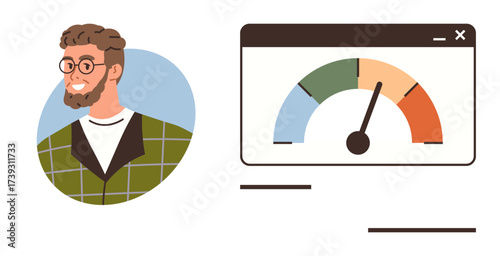 Smiling man in glasses next to a progress dashboard measuring levels with a gauge indicator. Ideal for analytics, evaluation, decision-making, monitoring, user experience, productivity, and data