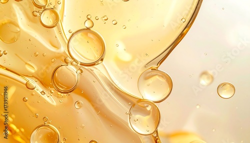 Close-up photograph captures golden-yellow liquid with transparent, spherical bubbles suspended within flowing substance. Soft, blurred background
