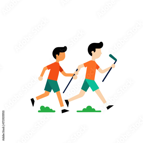 Two cartoon men with poles walking outdoors on a black background