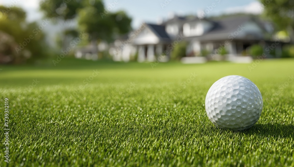 Fototapeta premium A golf ball rests on lush green grass, with a blurred house and trees in the background